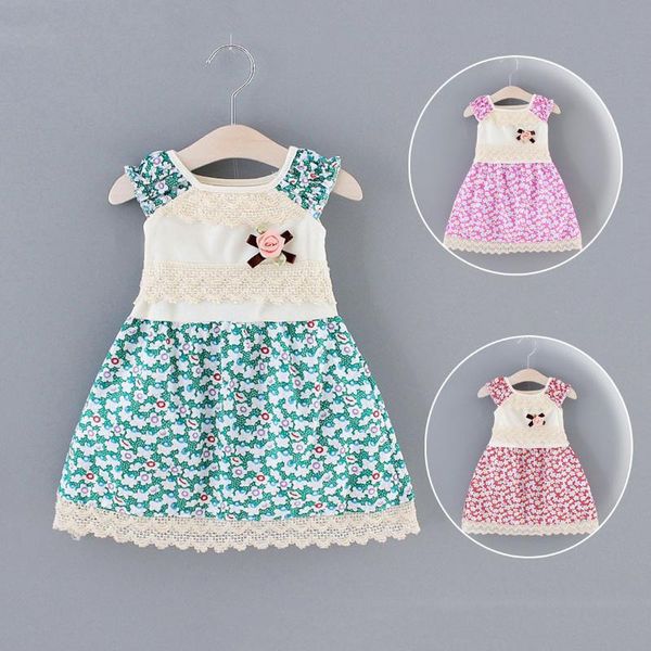 Mädchenkleider Mädchen 25# Kleinkind Prinzessin Kleid Kinder Baby Sommer Blumendruck Mädchen von 2 bis 7 Jahren Spitze Rüschen Brosche Outfits