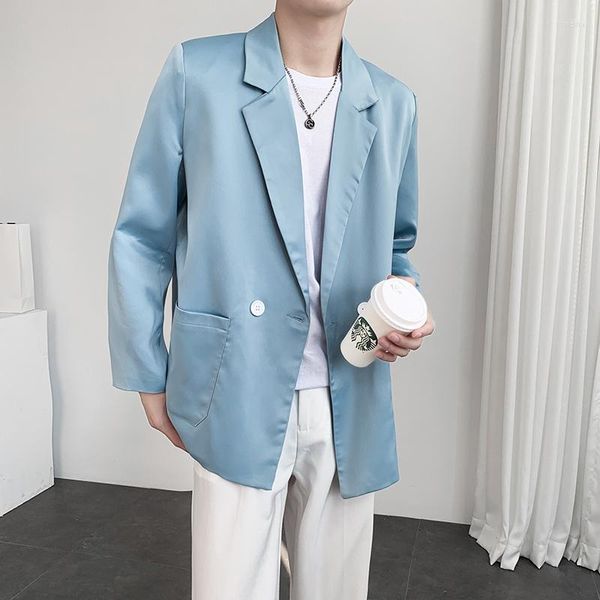 Мужские костюмы yasuguoji корейская мода ярко -голубой голубой двойной грудь пиджак
