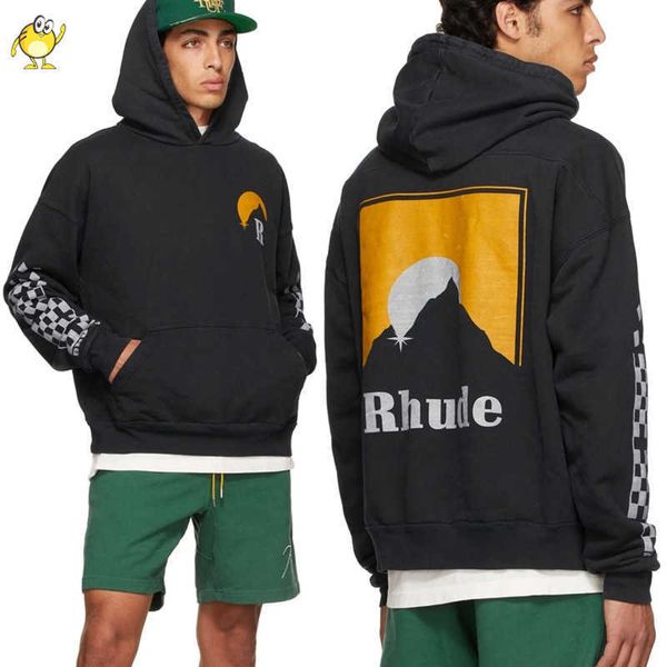 Erkek Hoodies Sıradan Gevşek Hoodie Style Trend Fashion Sweatshirts Kadın Yıkanmış Eski Retro Street Giyim Ay Işık Baskı Gün batımı 1 1 En Kaliteli Siyah