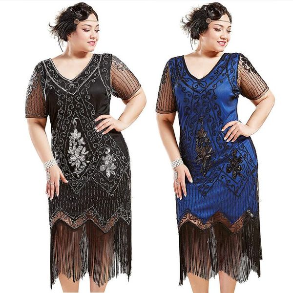 Artı boyutu 1920'ler Art Deco Sivring Sequin Flapper Gatsby Tassel Kısa Kollu Kostüm Elbise Kadınlar İçin 6 Renk S M L XL XXL 3XL 4XL MKL322