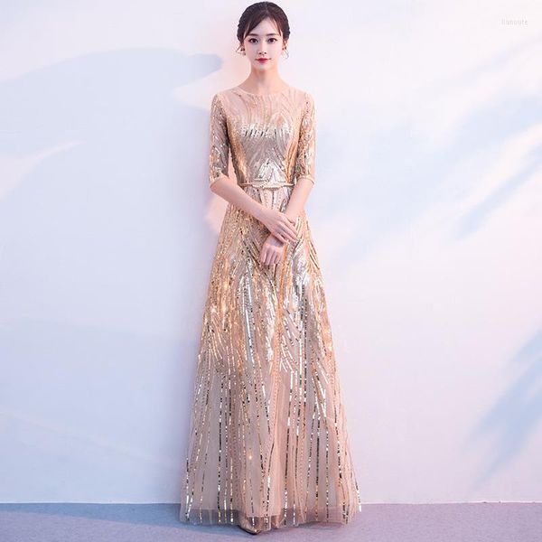 Этническая одежда fzslcyiyi Вечерние платья Qipao Long Half-рукав золотые блески формальное платье для девочек O-образное вырезок Cheongsam Plus Root