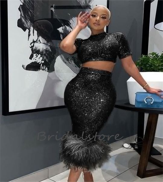 Платье для выпускного вечера с 4 частями с пером Spakle Bling High Seck Black Girls Plus Size Midi Вечернее платье 2023 Юбка Aso Ebi Cocktail Formal Event Formant Forment Gutder Party Gowns