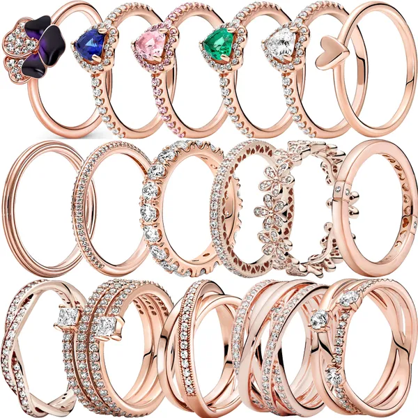 2023 neue 925 Reine Silber Lila Blume Transparent Herz-glänzende Rose Gold Ring Damen Exquisite Pandora Schmuck DIY geschenk