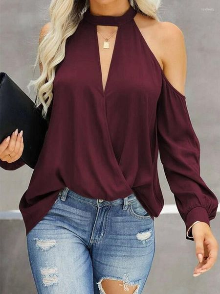 Camisas femininas Moda Mulher Bluss 2023 Sexy Hollow Out Cold Ombro Halter Manga Longa Tops Drape Ruched