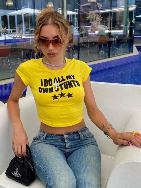 Kadın Tişörtleri Kadınlar Kendi Stunts Mektup Baskı Göbek Kısa Kollu T-Shirt Kadınlar Grafik Üstler Seksi