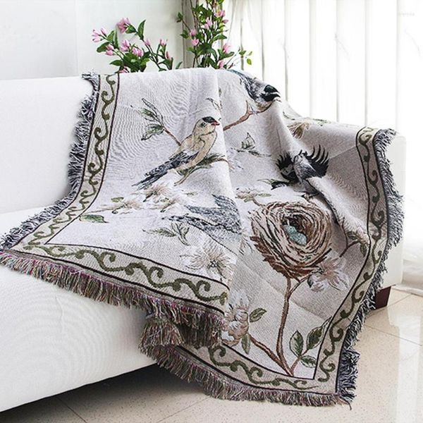 Teppiche ESSIE HOME Nest und Vogel im amerikanischen Stil Sofadecke Baumwollteppich Wohnzimmer Wandteppich