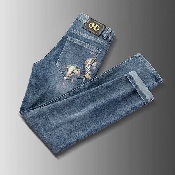 e primavera de jeans masculina de verão Small Feet Fit Cotton Moda da moda coreana Juventude 3D Palnta de carroça impressa em 3D