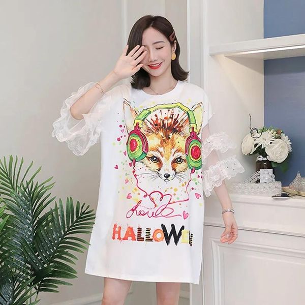 Camisetas femininas saia de design muito fada feminina moda da moda 2023 Cartoon coreano solto Summe de vestido plus size