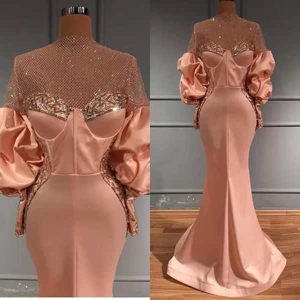 Aso ebi 2023 árabe luxuosos de cristais de miçangas vestidos de noite sereia vestidos de baile sexy mangas compridas festas formais de segunda recepção vestidos J0318