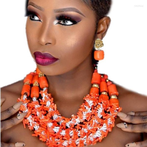 Ensemble collier et boucles d'oreilles Dudo, perles de corail africaines nigérianes, bijoux 3 couches, Nature Orange rouge ou blanc, bijoux dubaï 2023