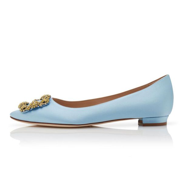 Moda marka bale sandalet ballerimu açık mavi turkuaz saten mücevher tokası düz ayakkabılar İtalya ünlü seksi kadınlar sivri uçlu tasarımcı balerinler sandal kutusu eu 35-43