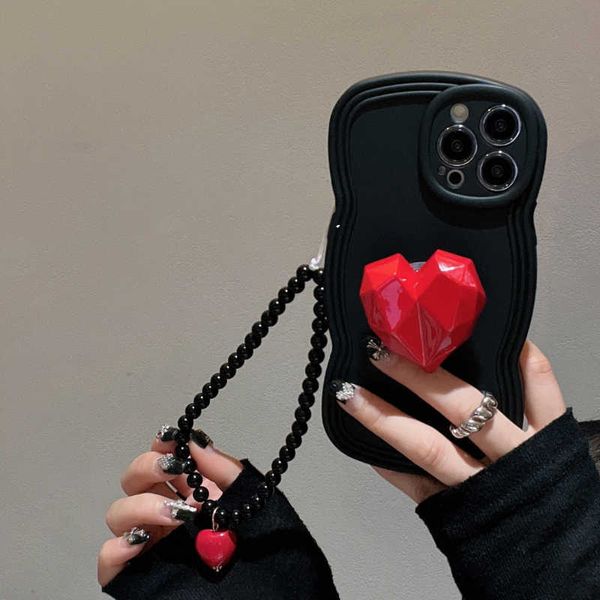 Handyhüllen Korean 3D Love Heart Halterung Armband Kette Black Wave Phone Case für iPhone 14 13 12 11 Pro XS Max X XR Kawaii Cover mit Riemen Z0316