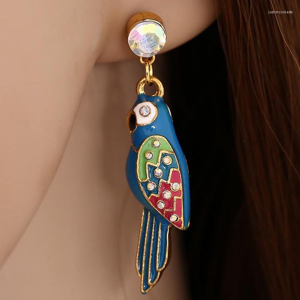 Orecchini pendenti SKQIR Smalto blu pappagallo goccia strass simpatico uccello orecchino per le donne moda gioielli animali che fanno regalo