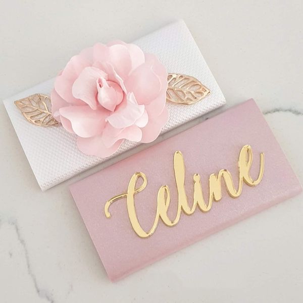 Cartões de felicitações 12pcs Personalizados Gold/Rosa Mirror Partido de casamento Nome do convidado Tag de localização Tag personalizado Nome do bebê Baptismo Caixa de chocolate Decoração 230317