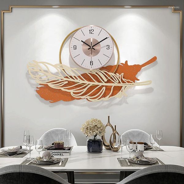 Relógios de parede atmosfera de luxo nórdico Relógio de penas de penas de penas casa adesiva de sala de estar artesanato el hall decoração mural