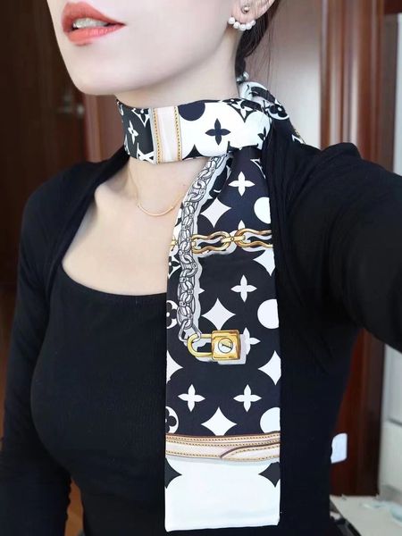 Designer-Schal mit Blumenmuster, Seidenschal, Stirnband für Damen, modisch, mit langem Griff, Taschenschals, Paris, Schultertasche, Gepäck, Band, Kopfwickel, 132–8 cm
