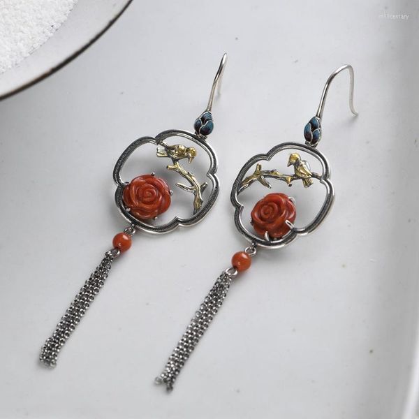 Baumelnde Ohrringe FNJ 925 Silber Rose Blume Für Frauen Schmuck Reine Original S925 Sterling Tropfen Ohrring Achat Vogel Quaste