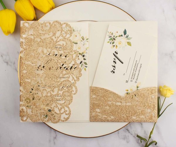 Grußkarten 10 teile/los Rose Gold Glitter Papier Taschenkarten Laser Cut Hochzeit Einladungskarte Trifold Gruß Abdeckung Für Party Liefert 230317