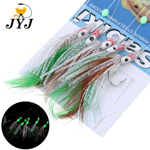 Ganchos de pesca combinação Sabiki Fishhook Lure Lure Conjunto de silicone artificial Isca macia de lula falsa pele luminosa moscas rattlin Sabiki p230317