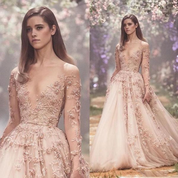 Abiti casual Abiti da sposa a maniche lunghe floreali champagne 3D 2023 Applique in pizzo Principessa Puffy Country Garden Festa nuziale Custom Made