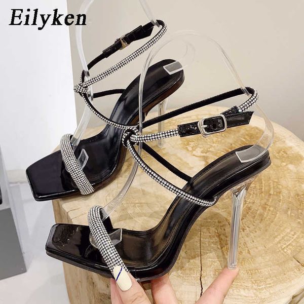 New Crystal High Heels Band Sandals Sexy Aberto do Toe Aberto Back Strap Women Women Summer Self Gold Shoes 230306