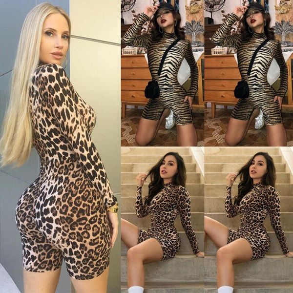 Kadın Tulumları Kadın Leopar Baskı Seksi Uzun Kollu Kaplumbağa Boyun Vücut Takım Leotard Playsuit Casual Club Party Tulum Romper