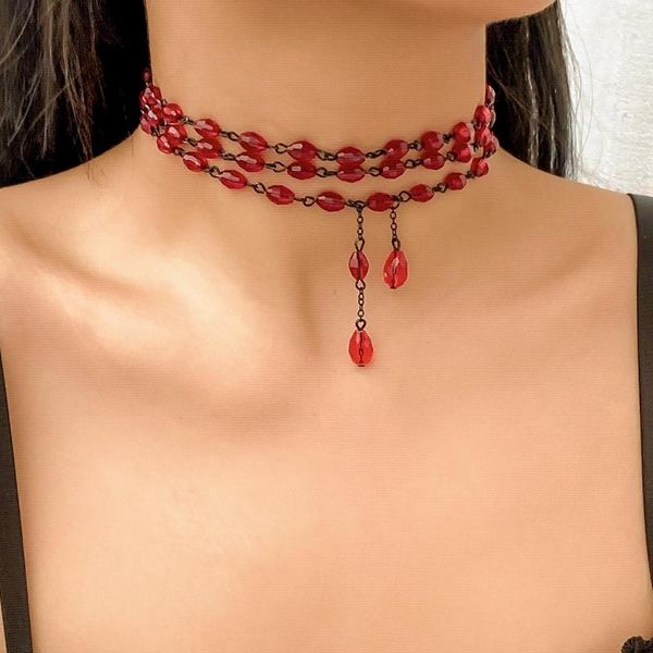 Halsband Salircon Gothic Mehrschichtige rote Kristallperlen Halskette Mode Anhänger Kurz Cosplay Party Damenschmuck