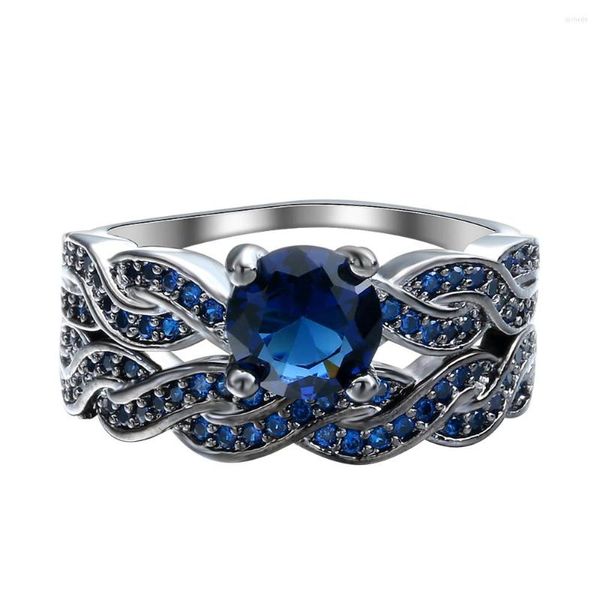 Eheringe Mode Blau Zirkonia Kreuz Perlen Ring Sets Schwarz Gun Farbe Frauen Micro Pave Bands Verlobung Einstellung Juwelen