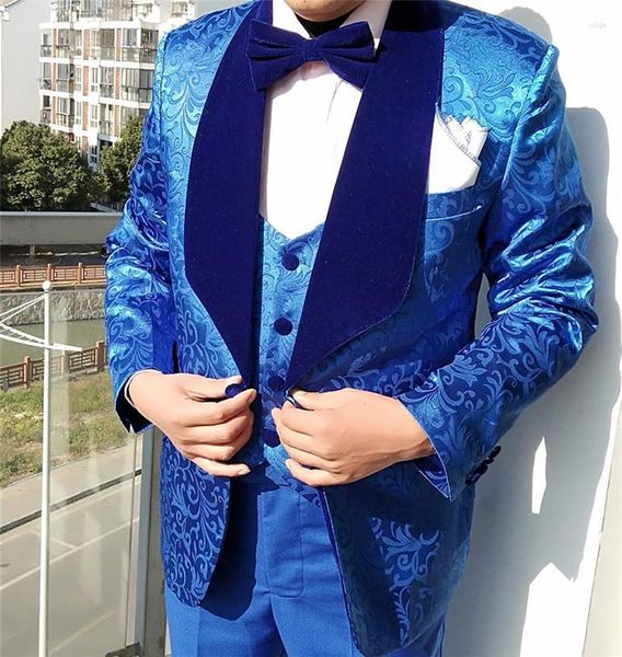 Trajes masculinos fantasia homme royal azul um botão de um botão de xale de lapela noivo Tuxedos Men Wedding Prom Dinner Man Blazer 3 PCs