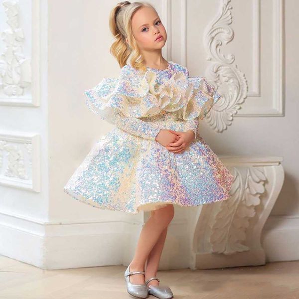 Платья для девочек, блестящее винтажное платье принцессы для маленьких девочек, детское платье из тюля с пышными рукавами, детское платье-пачка для свадьбы, дня рождения, блестящая одежда