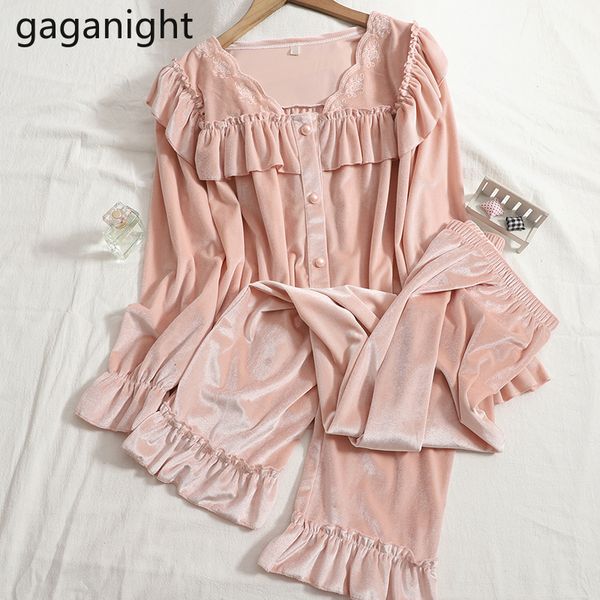 Damen-Nachtwäsche, Gaganight, zweiteiliger Pyjama für Damen, Herbst-Winter, süße Fee, französischer Samt, gerüscht, lockeres Oberteil, dünne Haremshose 230317