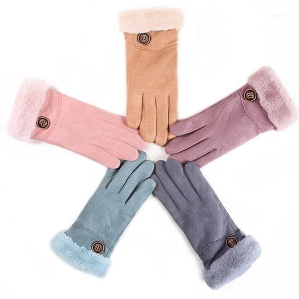Пяти пальцев перчатки женщины с сенсорным экраном замшевые перчатки зимняя двойная слоя пушистые варежки теплые снежинка вышивка на открытые модные перчатки1
