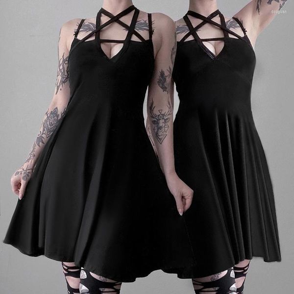 Lässige Kleider Ankunft Pentagram Strap Gothic Kleid Frauen Punk Grunge Slim Sexy Pareos 2023 A-Line Dark Ärmelloses Sommer