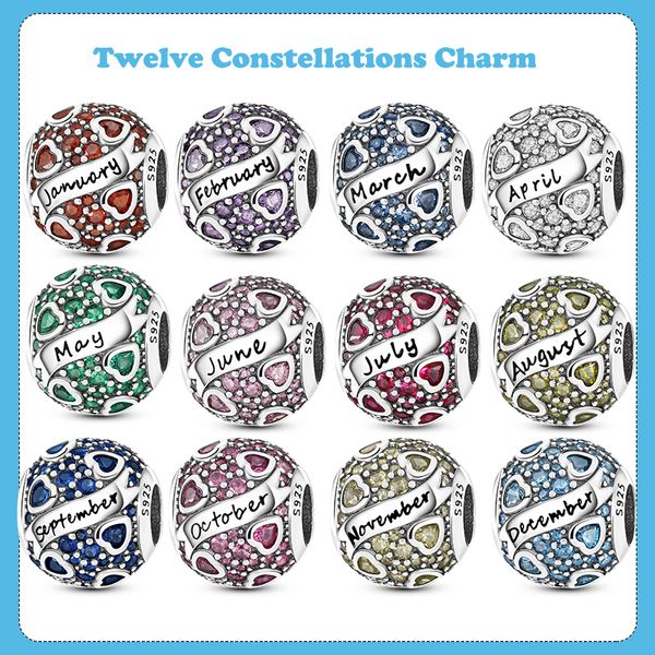 925 argento Fit Pandora Charms originali Ciondolo fai da te donna Bracciali perline Acquario Segno zodiacale Perline Charms