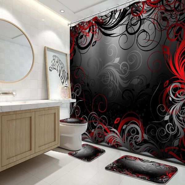 Tende da doccia 4 pezzi set di tende nero rosso oro floreale con tappeti antiscivolo coperchio coperchio WC e tappetino da bagno arredamento bagno 72 