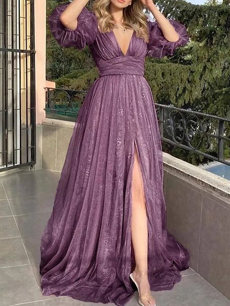 Sexy abito da ballo formale a trapezio con scollo a V 2023 scollo a V mezzo sbuffo manica a palloncino in pizzo tulle abiti da sera di gala abiti da festa Robe De Soiree personalizzato