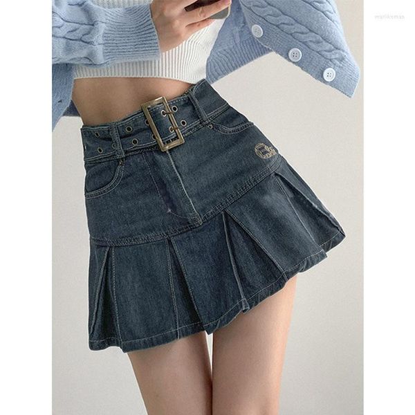 Юбки 2023 летняя джинсовая джинсовая короткая юбка Женщины Ретро сексуальная высокая талия с плиссированной дамой, корейская модная девушка стиль