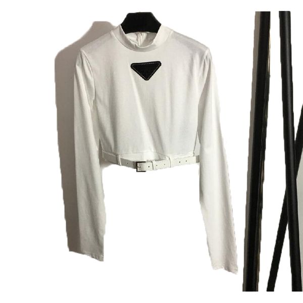 Neues modisches Damen-T-Shirt mit Diamant-Dreieck-Buchstaben-Gürtel, umwickelter Taille, halbhoher Ausschnitt, kurzes, langärmliges Damen-Shirt, schwarz-weißes Oberteil aus merzerisierter Baumwolle, Größe S-L