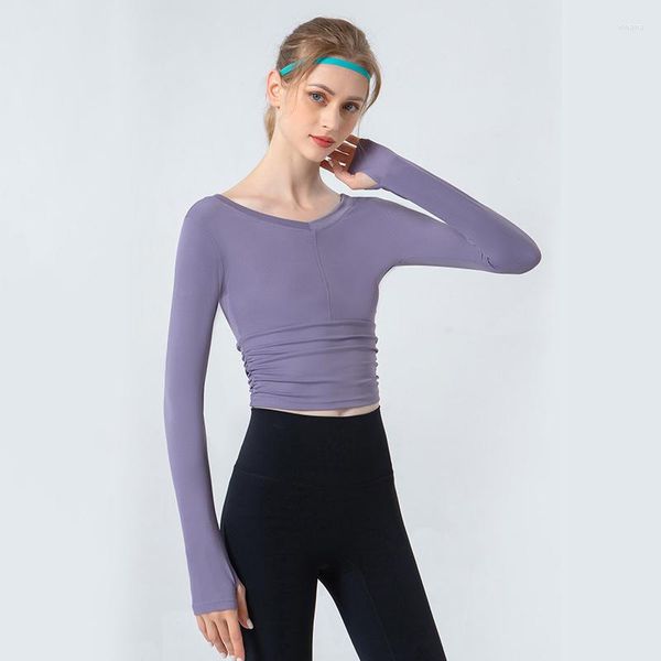 Aktive Shirts Herbst und Winter Yoga Langarm Wolken Hautfreundlich Eng anliegende Nabel-Sportbekleidung V-Ausschnitt Slim Plissee Fitness Gym Top