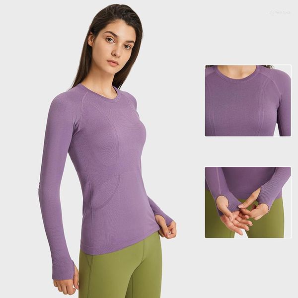 Aktive Shirts ABS LOLI Slim Fit Nahtloses Yoga Langarm Damen Sport-T-Shirts mit Rundhalsausschnitt und Daumenloch Laufen Gym Top Herbstkleidung