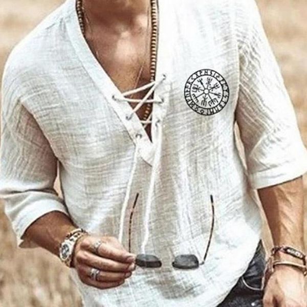 Camisetas masculinas Camisa de Linho Primaveramasculino Sexy EM V Profundo Bandagem Roupas Masculinas Casual COR TOPOS