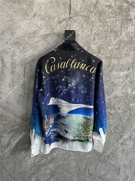 23SS Casablanca Drop Feeling Camicia di design stile satinato Pegasus Constellation Night Print Dropping Feel Camicia a maniche lunghe allentata in seta pigra casablanc