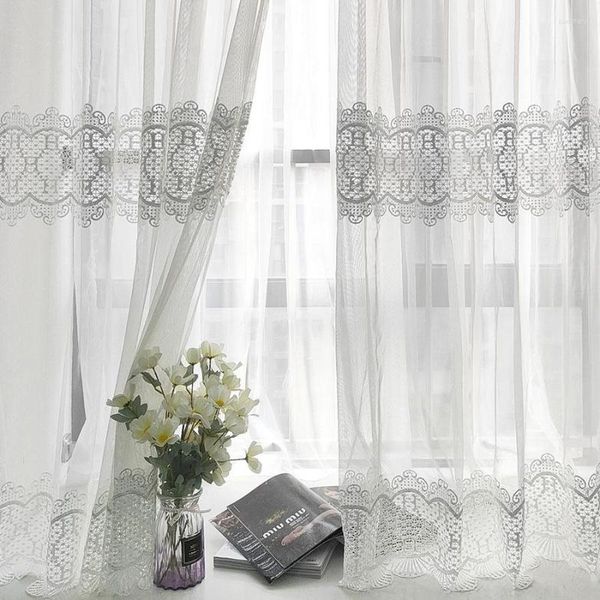 Cortina branca guaze bordado varanda solúvel em malha oca de malha hollow bedroom tulle cortinas voile europeu para sala de estar #5
