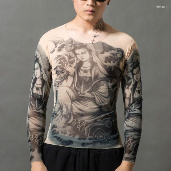 Camisetas masculinas tatuagens de tatuagem de mangas compridas camisetas punk boates de boates de tendência escura