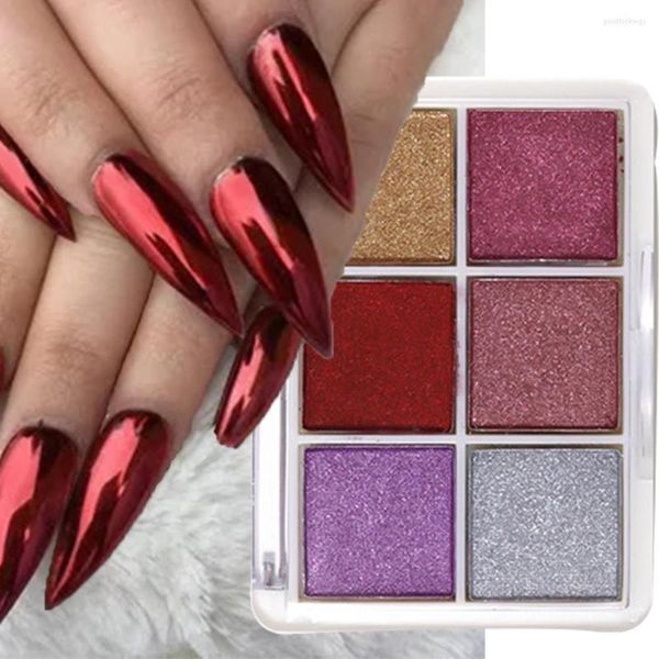 Glitter de unha 4/6Grids/caixa Espelho vermelho em pó aurora Solid Metal Crome Pigmment Arte decoração UV Gel Polish Manicure Poeira