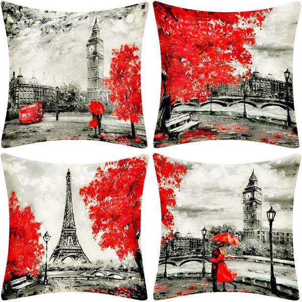 Travesseiro de linho moderno romântico Paris London Capa Eiffel Tower The Big Ben Print Pillows Case Valentine Lovers Sofa Throw