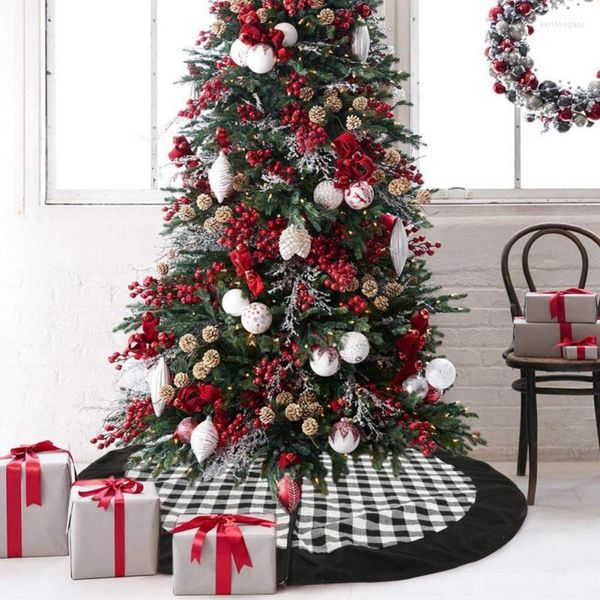 Decorazioni natalizie Gonna per albero da 48 pollici con chiusura invisibile in nylon Design a quadri in bianco e nero Decorazione natalizia per grembiule