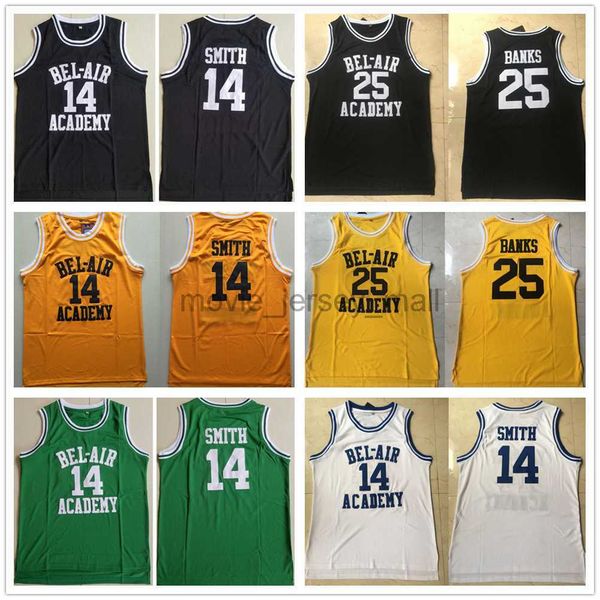 NCAA Mens O Fresco Príncipe do Bel-Air Jerseys College #14 Will Smith Academy Jersey 25 Carlton Banks camisas amarelas amarelas verde branco preto