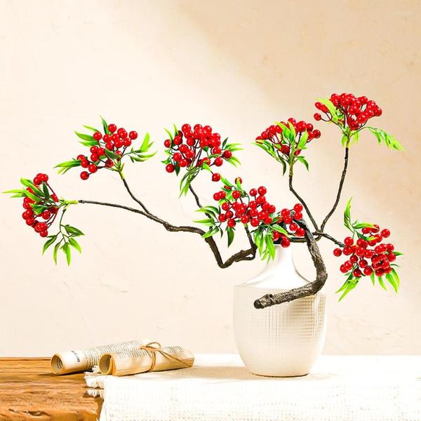 Flores decorativas 95 cm grandes frutas artificiais planta Fake Christmas Tree Stop Foam Stamen Red Fruit para o ano da sala de mesa