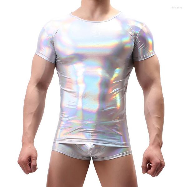 T-shirt da uomo in pelle PU da uomo in lattice effetto bagnato Stage Show Dance Clubwear T-shirt Casual manica corta stretto Top Tees Streetwear